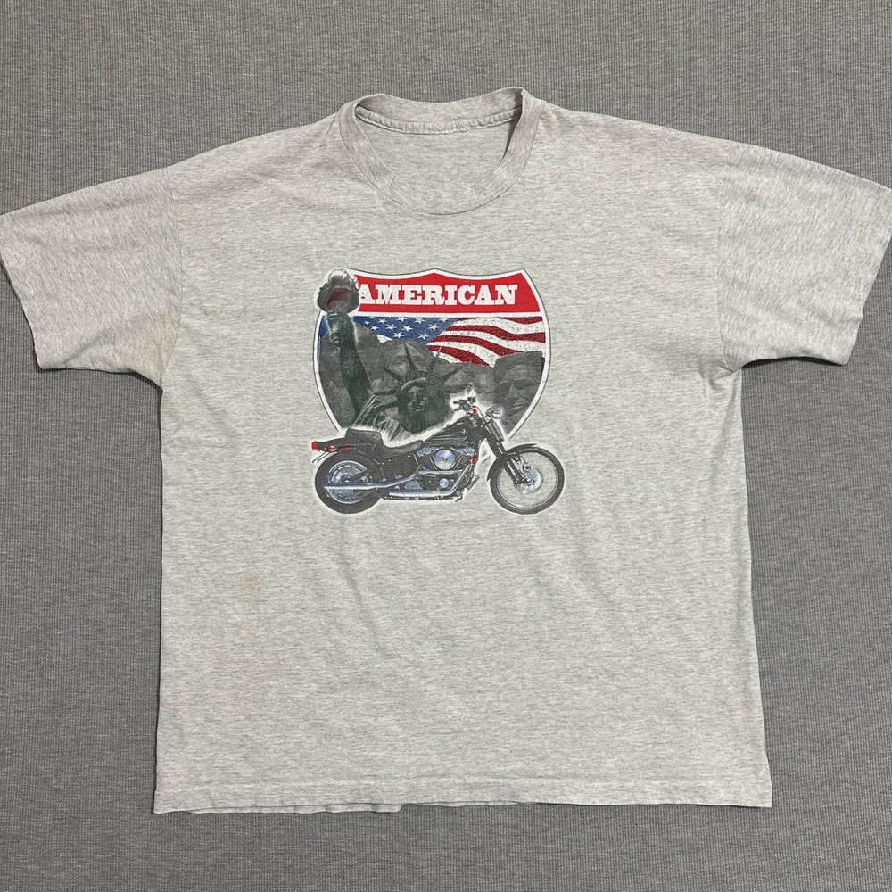 Vintage American Motorcycle Statue of Liberty Graphic T-Shirt Gray XL Mens